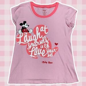 Disney Store Pink Graphic Mickey Mouse Fitted Crew Neck T Shirt Size XS